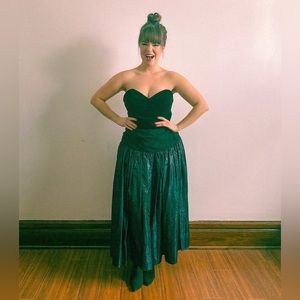Vintage 1980s Strapless Midi Dress with Velvet Bodice and Taffeta Skirt